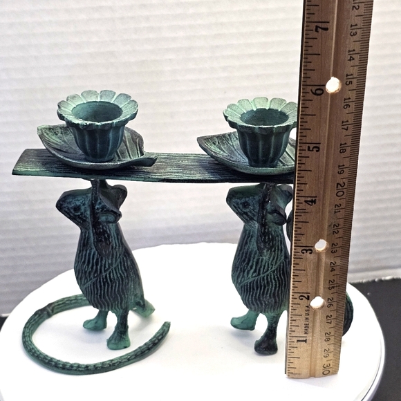 2 Mouse Candle Holder San Pacific L👀K 🐀🐀 Bronze Green Patina Christmas - Picture 5 of 9